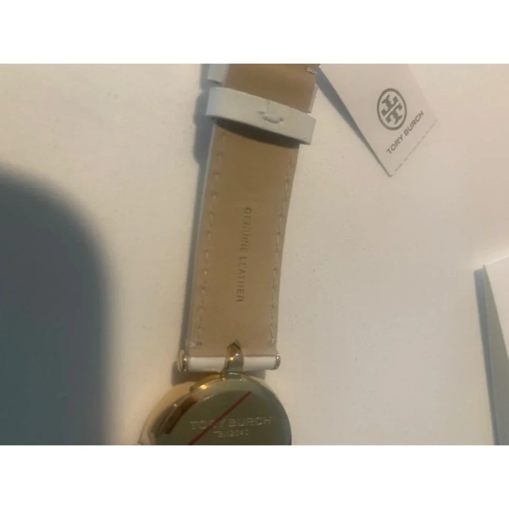 Tory Burch TBW2040 Gold Tone White Leather Band‎ Logo Dial Women's Watch NIB